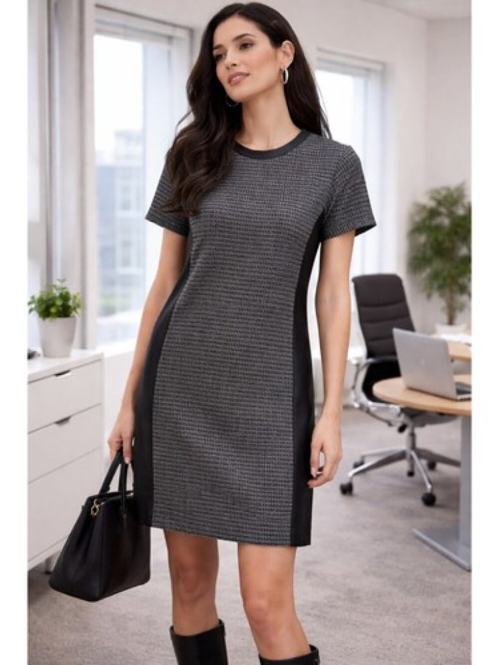 LIKE NEW! J. Crew Black & Gray Wool Houndstooth Side Panel Dress Size 4